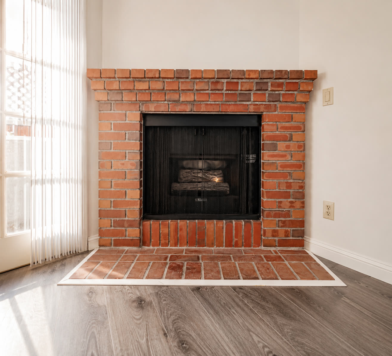 Living room with brick wood-burning fireplace and French doors